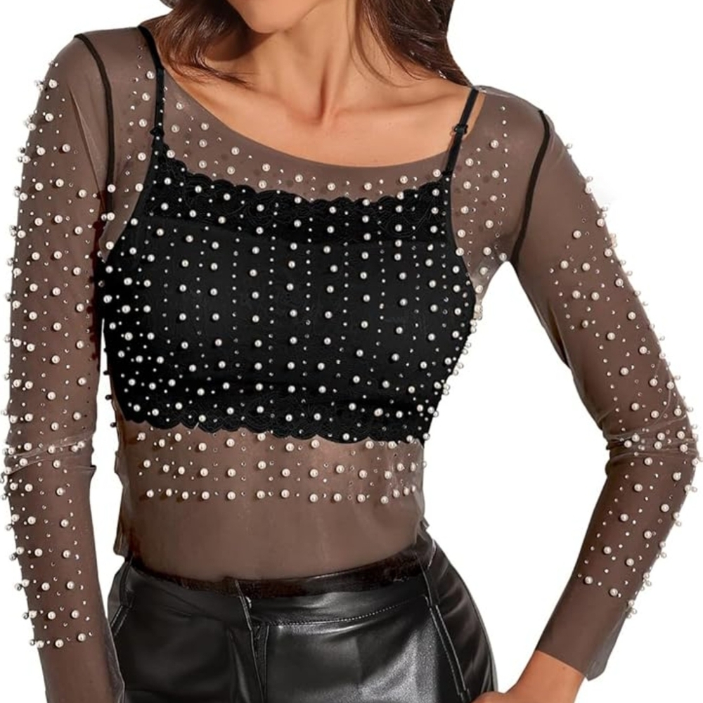Elegant Sheer Black Top with Pearl And Bling Sparkle Accents Women's Size M.